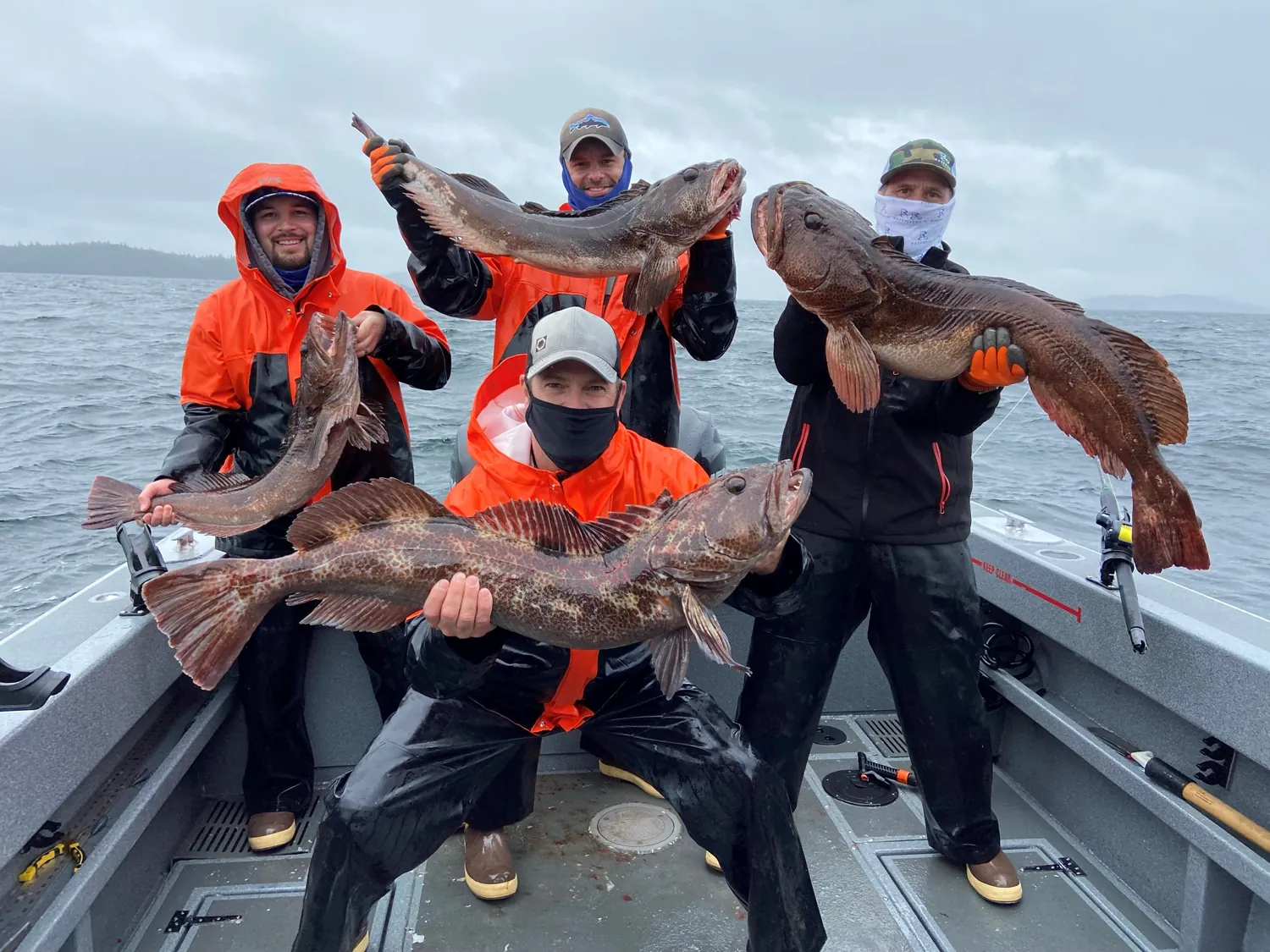 Four guests in rain gear holding lingcod aboard a lodge boat