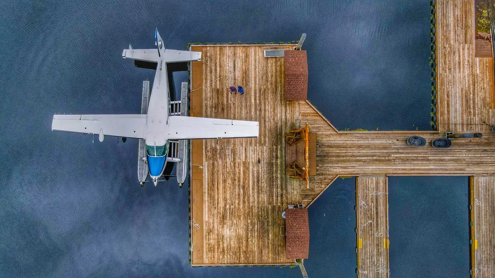 A floatplane at the lodge dock, from above
