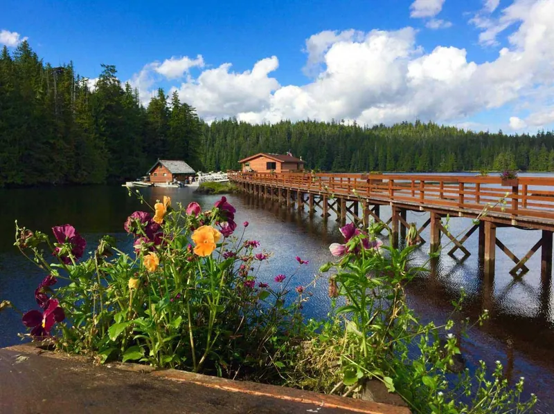 The lodge boardwalk lined with flowers